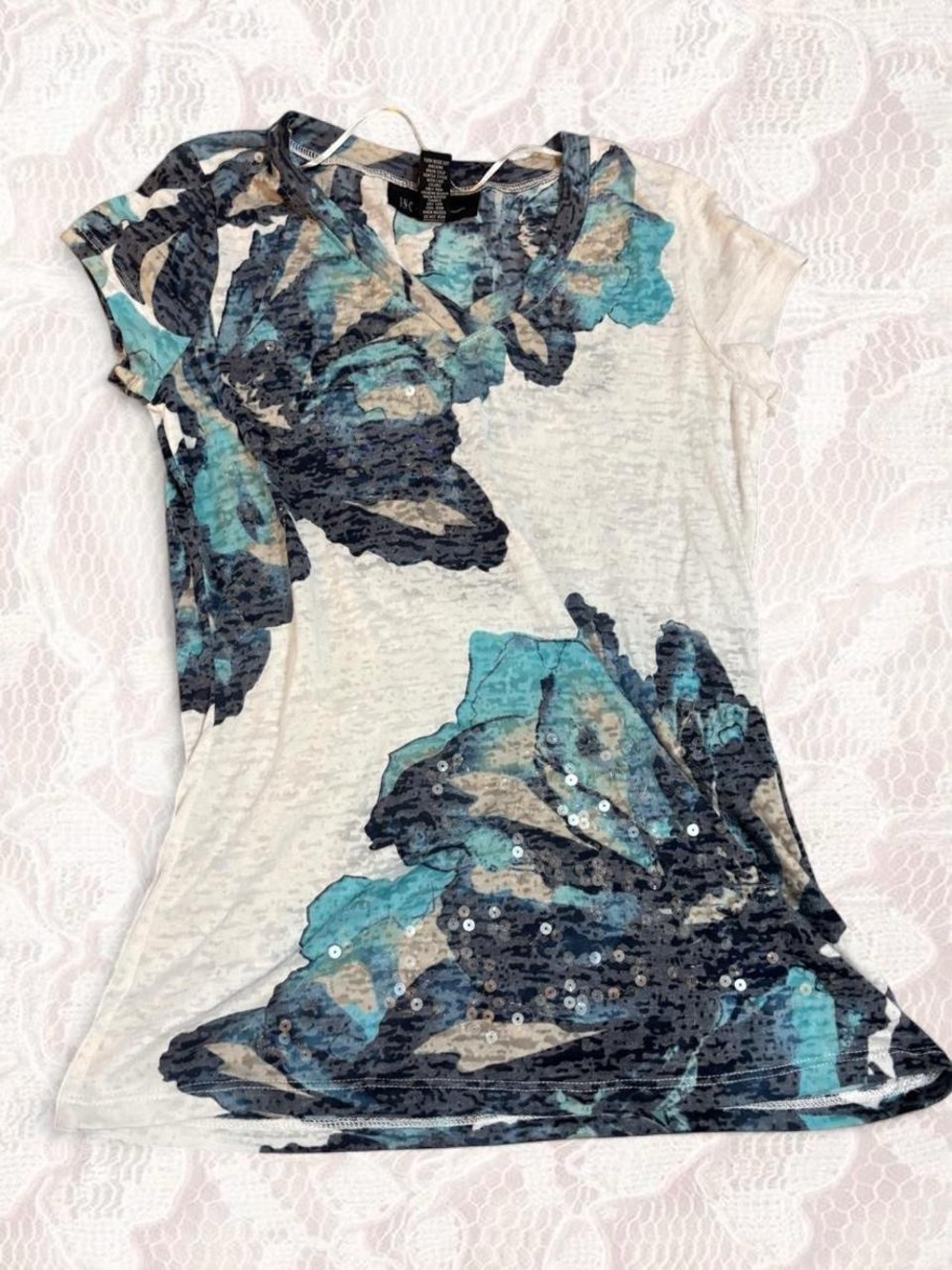 INC International Concepts Teal Navy Floral V-Neck Sequin Tee
